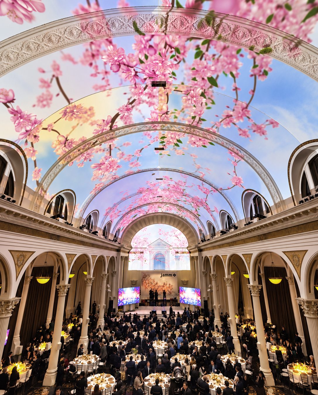 Large event hall arranged for a seated celebration with immersive ceiling projections